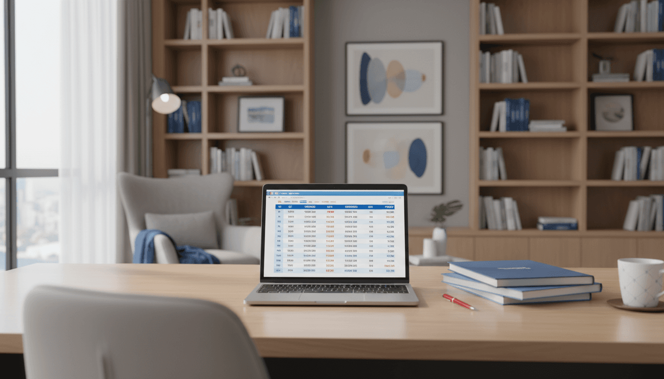Modern office desk with financial documents and laptop