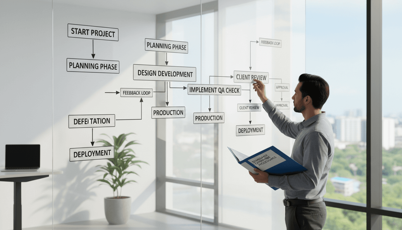 Process flowchart on whiteboard with a binder on nearby desk