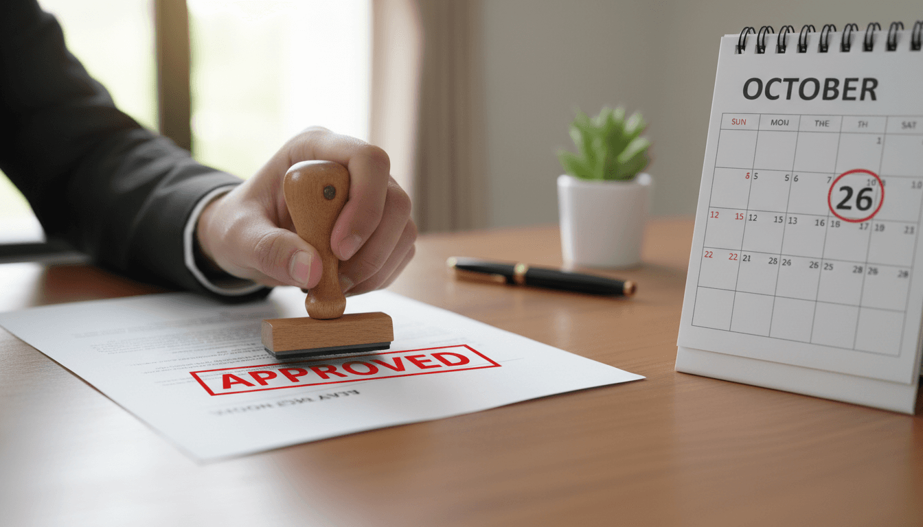 Hand stamping approved on a business document
